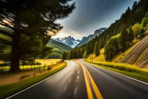 a road in the mountains with trees and mountains in the background. AI-Generated photo