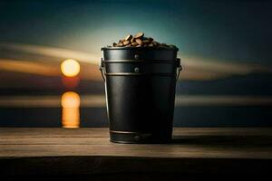 a bucket of coins on a table in front of the sunset. AI-Generated photo