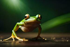 a frog is standing on a dark background. AI-Generated photo