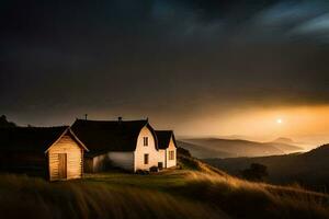 un casa en un colina con un puesta de sol detrás él. generado por ai foto