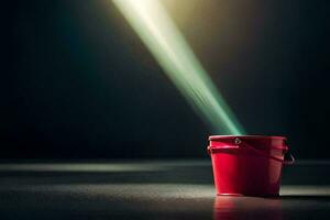 a red bucket with a light shining from it. AI-Generated photo