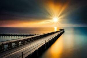 a pier with the sun shining over it. AI-Generated photo