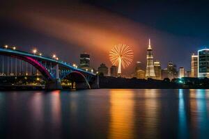 fuegos artificiales son iluminado arriba terminado un puente a noche. generado por ai foto