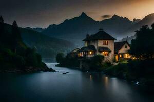photo wallpaper the sky, mountains, river, house, lake, the mountains, the lake,. AI-Generated