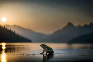 a frog sits on the shore of a lake at sunset. AI-Generated photo