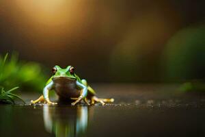 a frog sitting on the ground with a bright light behind it. AI-Generated photo