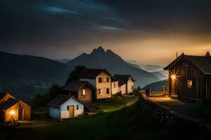 photo wallpaper the sky, mountains, the night, the mountains, the village, the house,. AI-Generated