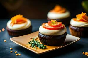 carrot cupcakes with cream cheese frosting on a plate. AI-Generated photo