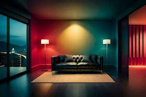 a living room with a black couch and colorful walls. AI-Generated photo