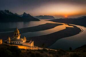 the sun sets over a church on a hill overlooking a lake. AI-Generated photo