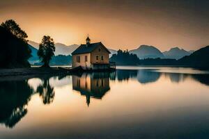 a small church sits on the edge of a lake at sunset. AI-Generated photo