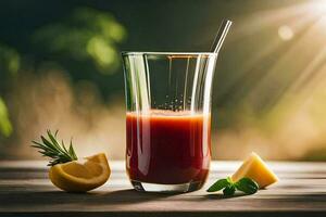 un vaso de jugo con un rebanada de limón y un rebanada de tomate. generado por ai foto