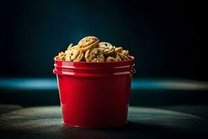 a red bucket filled with cereal on a dark background. AI-Generated photo