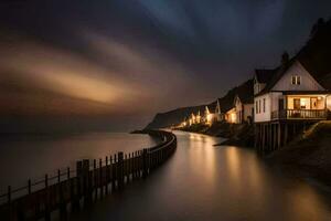 a long exposure photograph of a house on the shore. AI-Generated photo