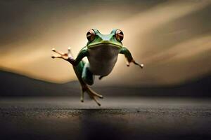 a frog jumping in the air with its eyes open. AI-Generated photo