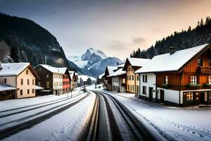 un Nevado pueblo con casas y un tren pista. generado por ai foto