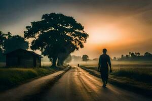 a man walking down a country road at sunrise. AI-Generated photo