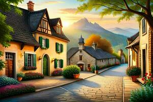 an illustration of a village street with houses and flowers. AI-Generated photo