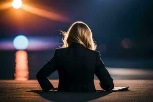 a woman sitting on the ground at night with her back to the camera. AI-Generated photo