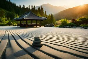 a zen garden with stones and a pagoda. AI-Generated photo