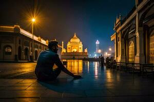 a man sitting on the ground in front of a mosque at night. AI-Generated photo