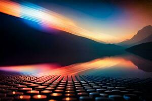 a beautiful sunset over a lake with a mountain in the background. AI-Generated photo