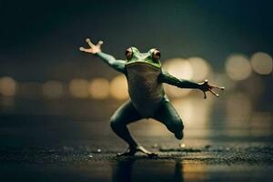 a frog jumping in the air with its arms outstretched. AI-Generated photo