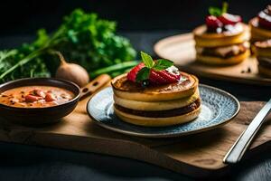 pancakes with strawberries and sauce on a wooden board. AI-Generated photo