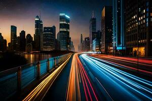 un ciudad a noche con luces en el la carretera. generado por ai foto