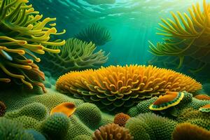 an underwater scene with colorful corals and sea anemones. AI-Generated photo
