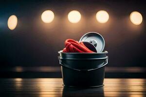 a bucket with a red scarf inside. AI-Generated photo