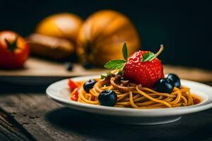 espaguetis con Tomates, arándanos y albahaca en un lámina. generado por ai foto