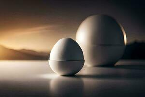 two eggs are sitting on a table. AI-Generated photo