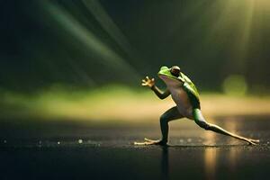 a frog is standing on its hind legs and reaching for something. AI-Generated photo