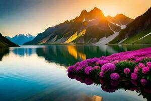 the sun rises over a lake with purple flowers. AI-Generated photo