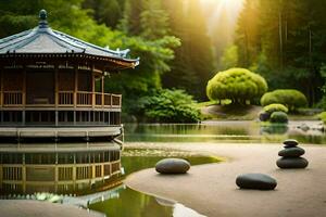 a japanese pavilion sits on the shore of a lake. AI-Generated photo