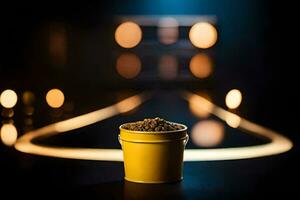 a yellow bucket with a lit up road in the background. AI-Generated photo