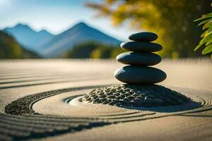 a zen garden with stones and a mountain in the background. AI-Generated photo