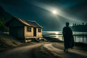 a man walks towards a small hut in the dark. AI-Generated photo