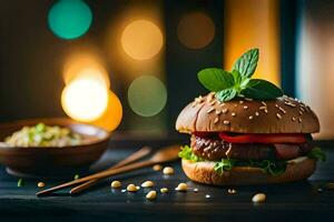 a hamburger with lettuce and tomato on a wooden table. AI-Generated photo