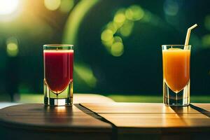 two glasses of juice on a table. AI-Generated photo