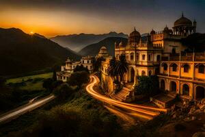 el puesta de sol terminado el palacio en udaipur, rajastán generado por ai foto