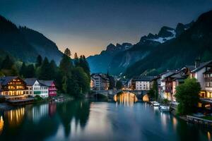 el pueblo de Suiza a oscuridad. generado por ai foto