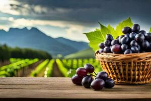 uvas en un cesta en un mesa en frente de un viñedo. generado por ai foto