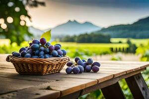 uvas en un cesta en un mesa. generado por ai foto