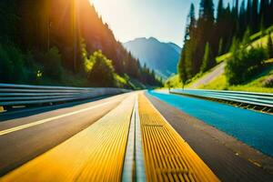 a road with a yellow line and trees in the background. AI-Generated photo