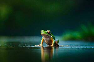 a frog sitting on the water in the dark. AI-Generated photo