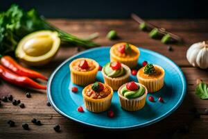 small cupcakes on a blue plate with vegetables. AI-Generated photo