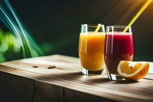 two glasses of juice with straws on a wooden table. AI-Generated photo