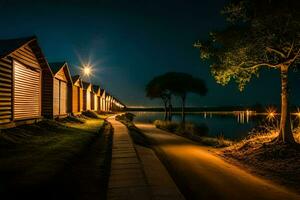 photo wallpaper the night, lake, house, path, trees, light, water, night,. AI-Generated